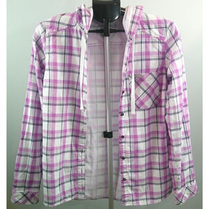 Columbia Hooded Button-down Navy Purple Plaid shirt jacket Women's Small